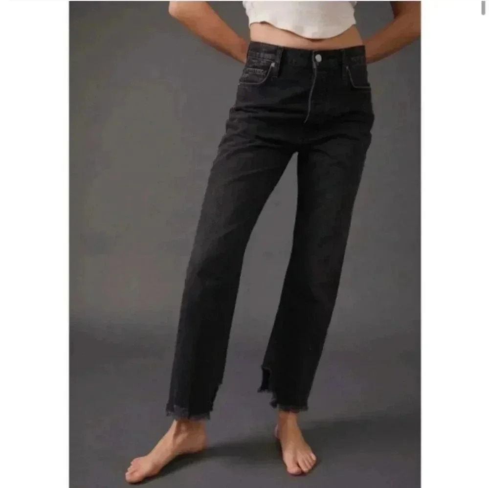 WE THE FREE Tapered Baggy High Rise Boyfriend Fit Raw Hem Jeans Black - Picture 4 of 8